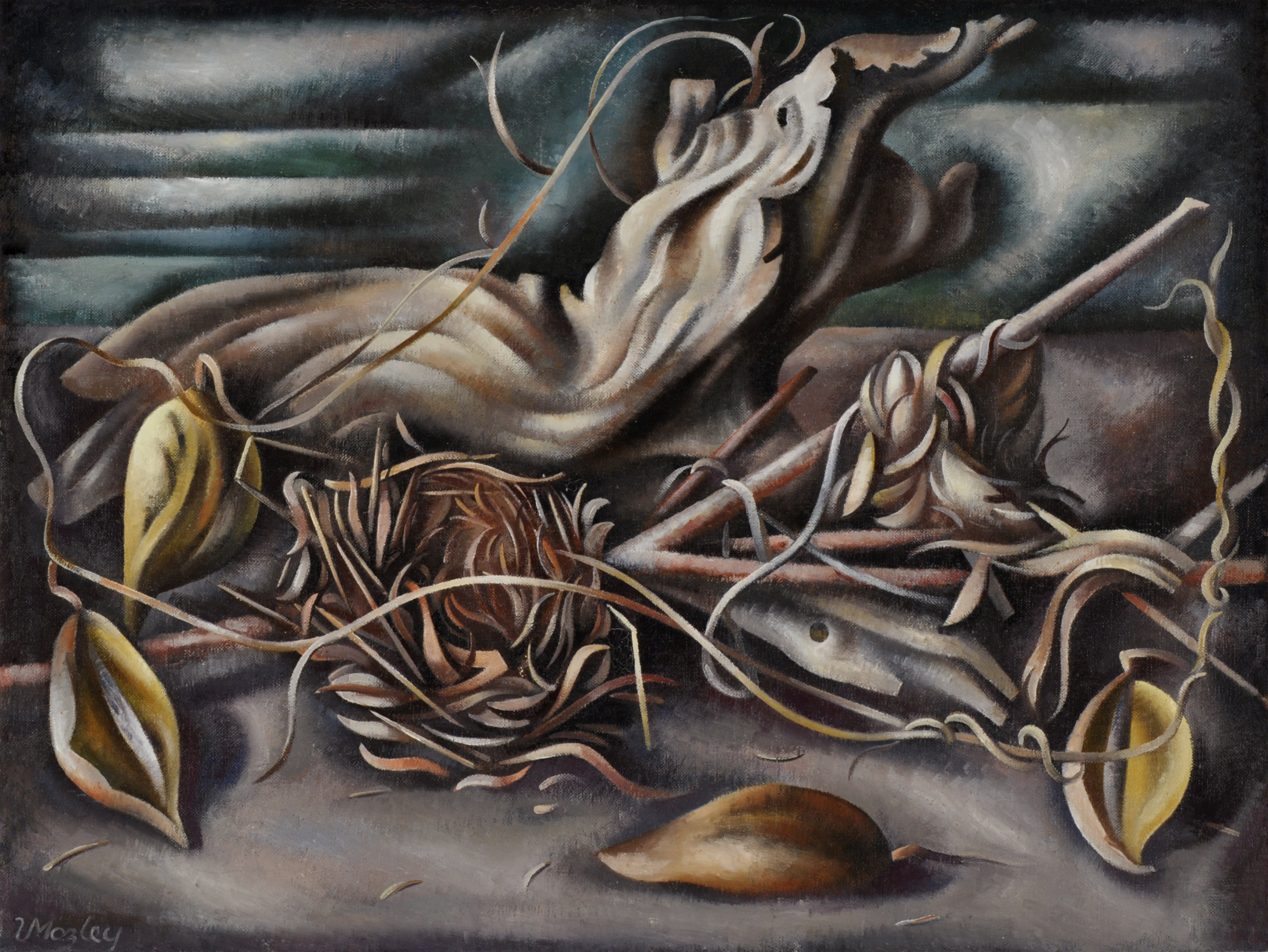 Loren Mozley, Driftwood, Birdsnests, and Milkweed Pods, 1943–44, oil on canvas, Private Collection, Dallas