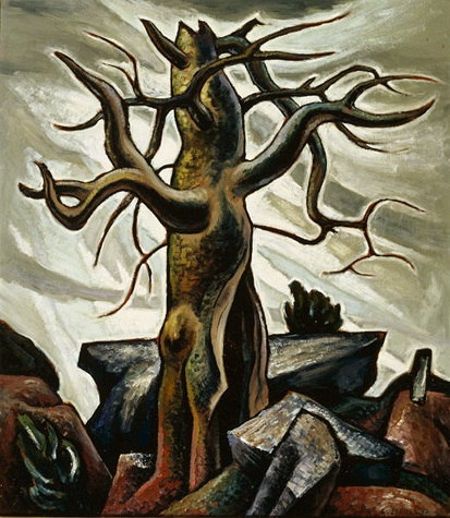 Everett Spruce, Tree and Rocks, 1932, oil on Masonite, Dallas Museum of Art, gift of Maggie Joe and Alexandre Hogue