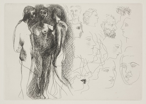 Pablo Picasso, Three Standing Nudes, at Right, Sketches of Heads (Trois nus debout, à droite esquisses de têtes), 1927, etching, Dallas Museum of Art, Dallas Art Association Purchase