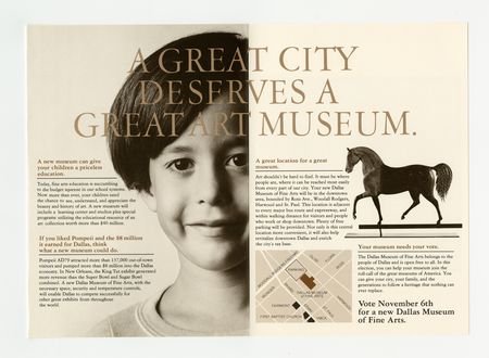 Brochure with slogan "A great city deserves a great art museum" encouraging Dallas residents to vote "yes" in the 1979 bond election providing funds to build the new Dallas Museum of Art.
