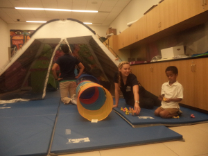 Relaxing in the sensory room with occupational therapy students from Texas Women's University