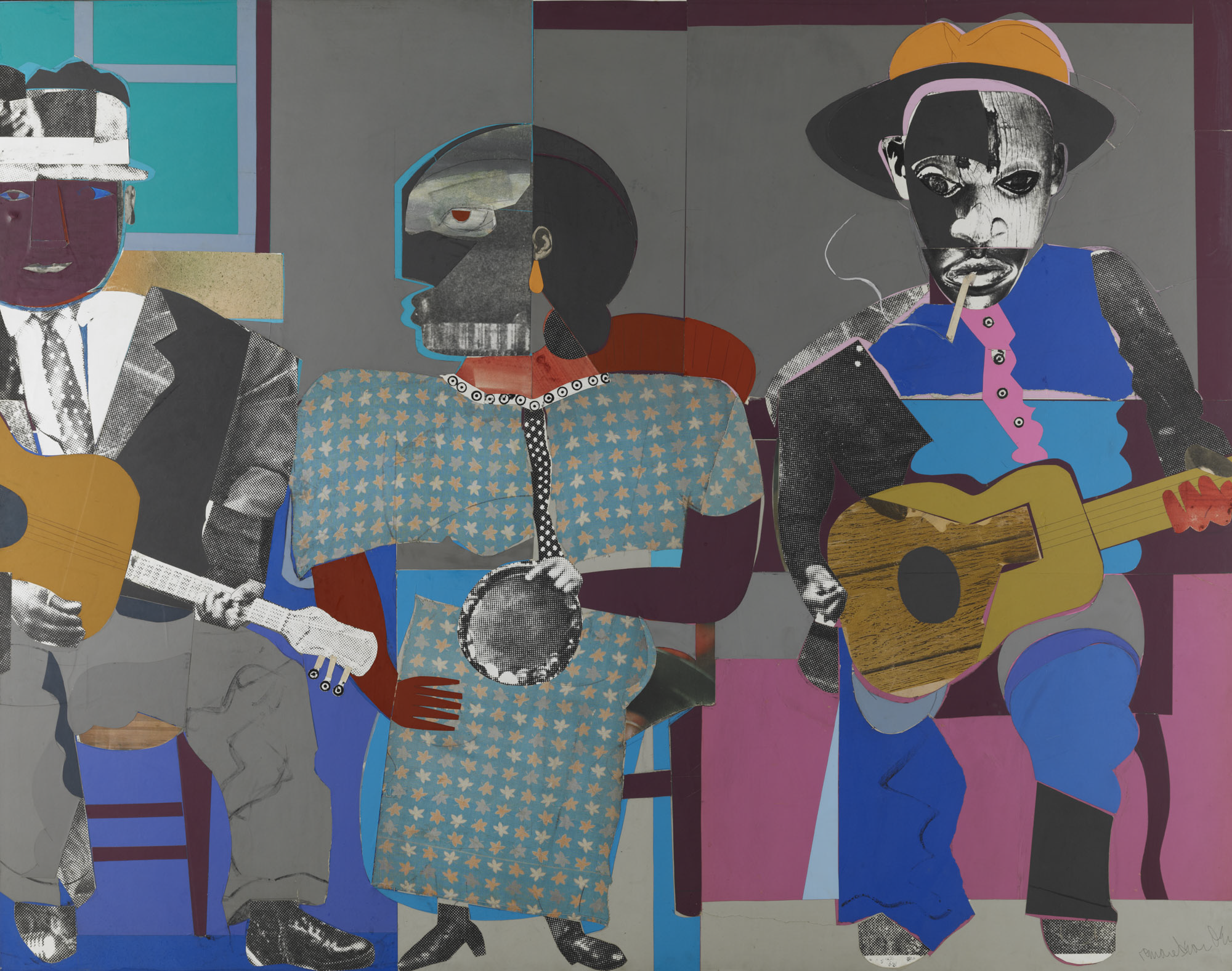 Soul Three, Romare Bearden, 1968, paper and fabric collage on board, Dallas Museum of Art, General Acquisitions Fund and Roberta Coke Camp Fund