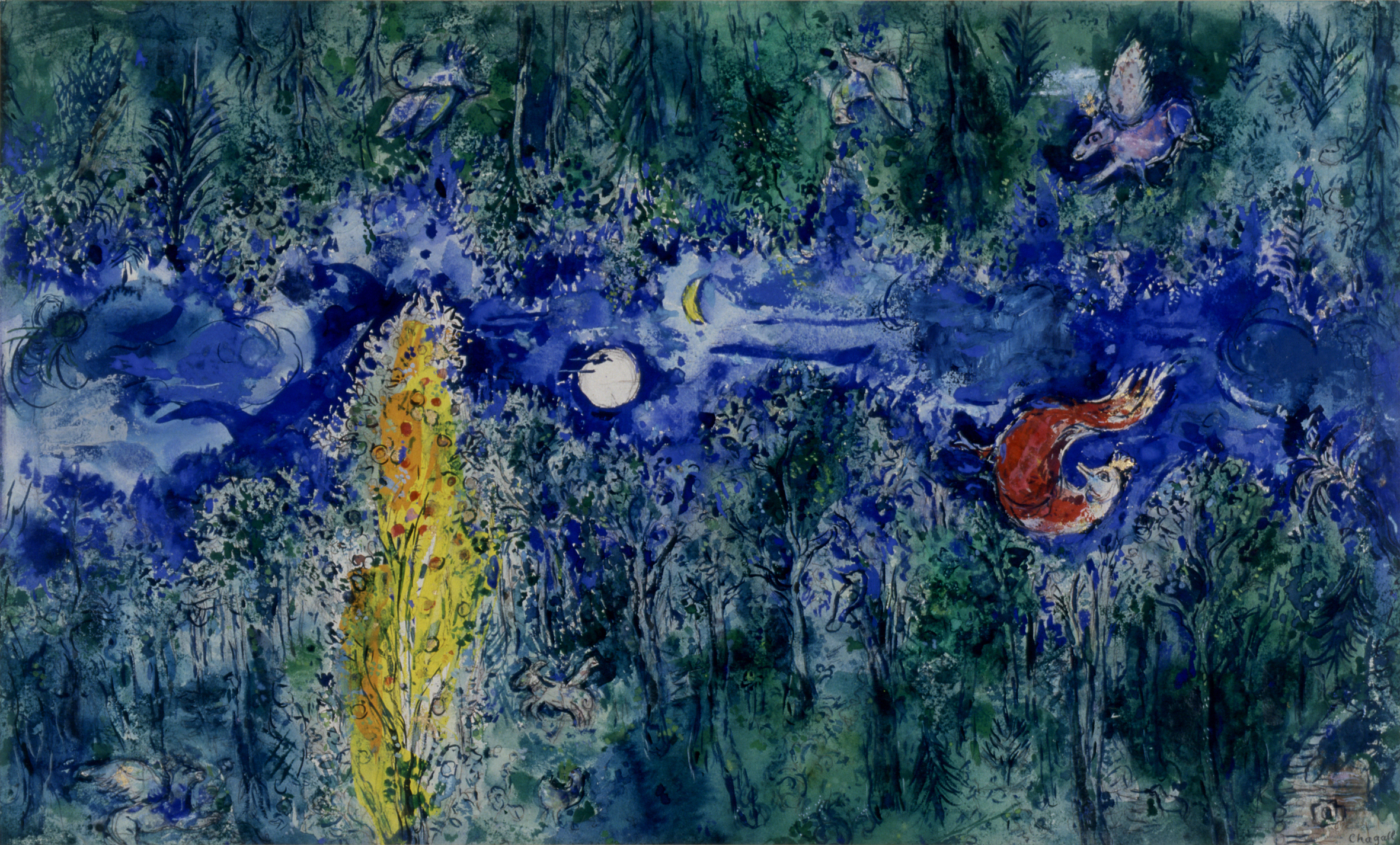 Marc Chagall, Model for the curtain in the first act of "The Firebird" by Stravinsky: The Enchanted Forest (Maquette pour le rideau de scène du 1er acte de "L'Oiseau de feau" de Stravisky: La forêt enchantée), 1945, Private collection, Paris