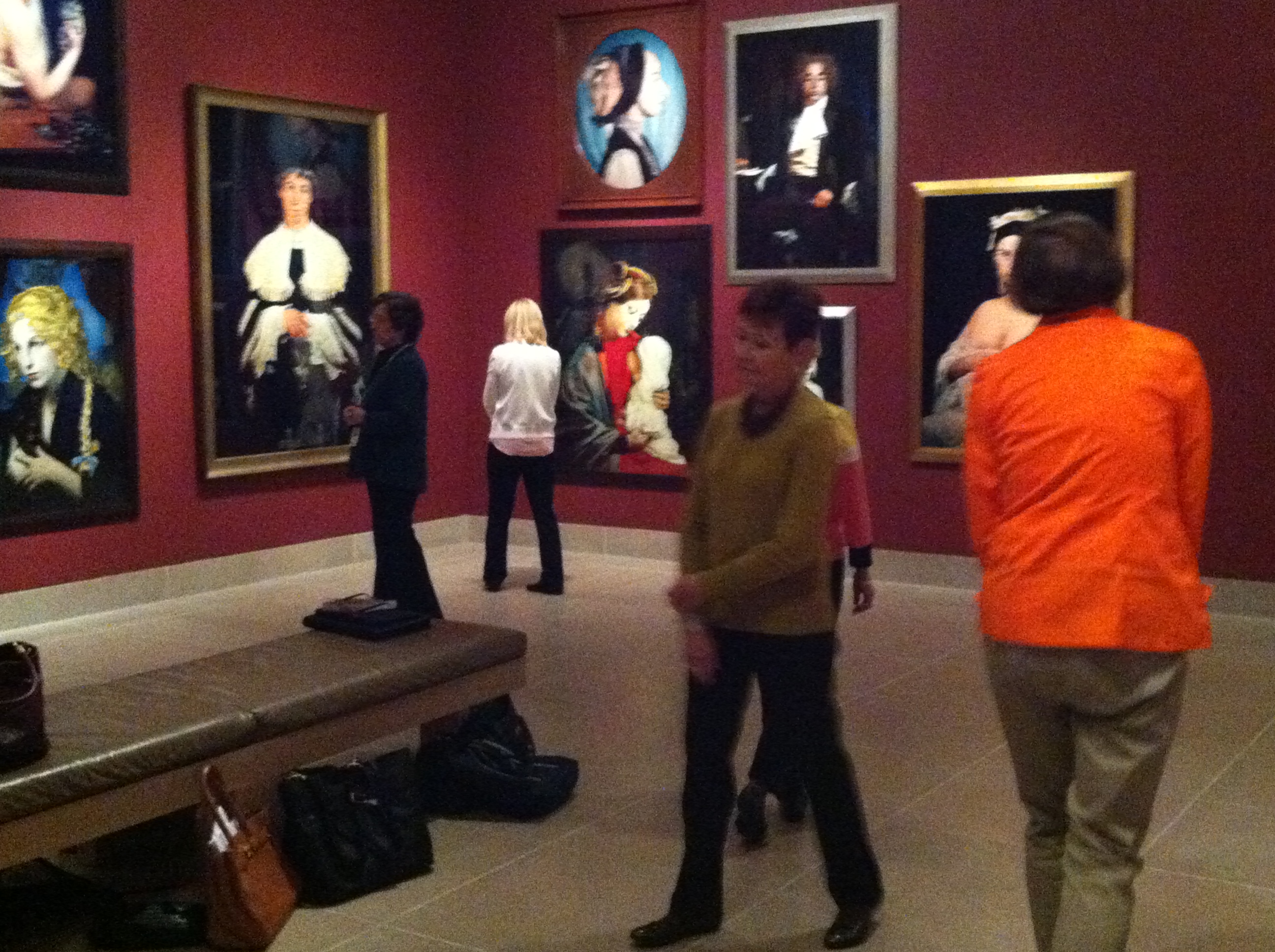 Docents walking like figures from Cindy Sherman's History Portraits