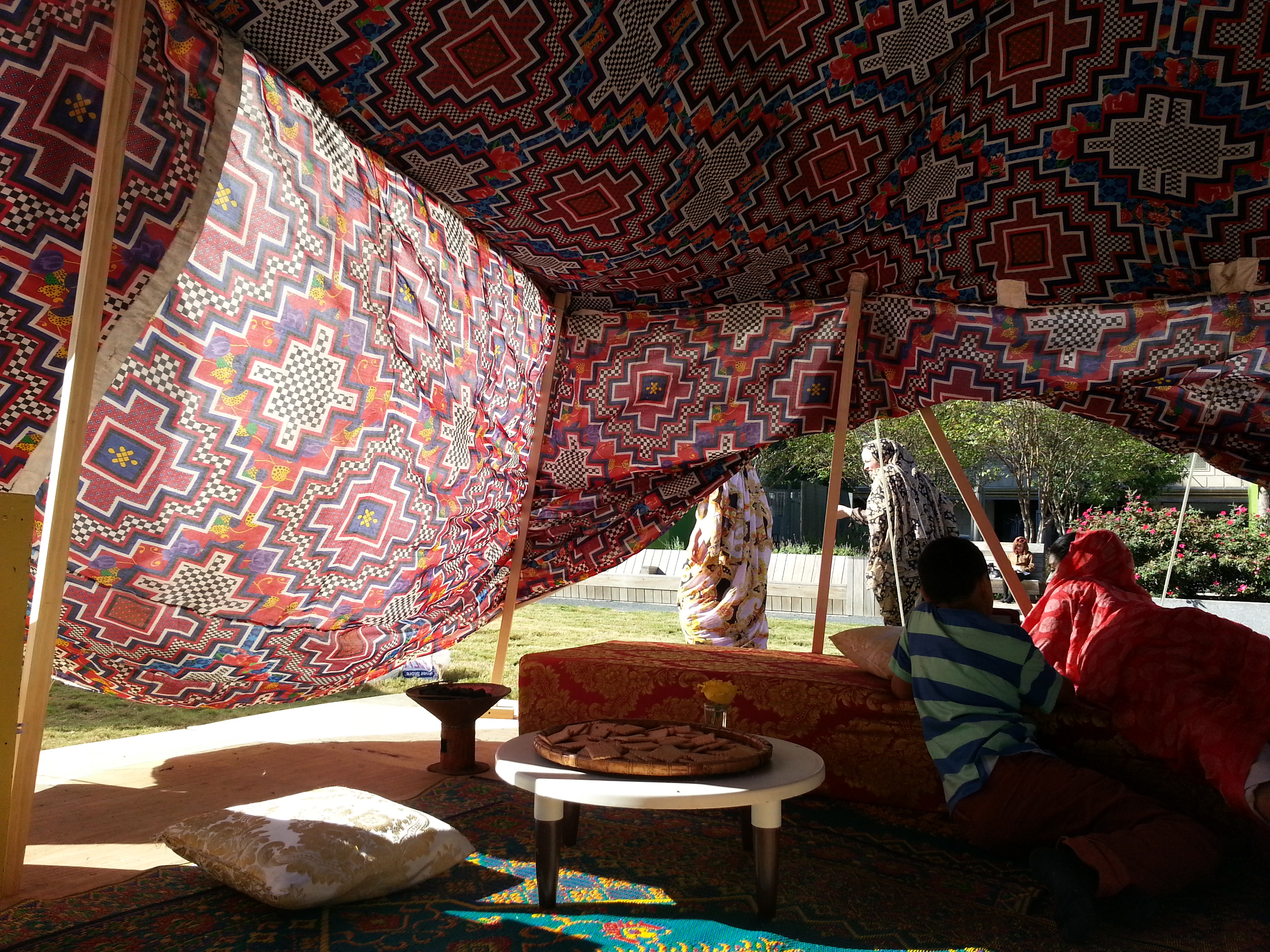 The tent was constructed with beautiful traditional fabric.