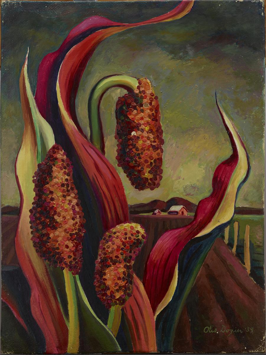 Otis Dozier, Maize and Farmhouse, 1939, oil on Masonite, Dallas Museum of Art, gift of The Dozier Foundation, ©Denni Davis Washburn, William Robert Miegel Jr, and Elizabeth Marie Miegel, 1990.40